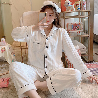 Dámske pyžamové súpravy, elegantné, pevné, jednoradové, Ulzzang, pohodlné domáce oblečenie, dámske, hrubé, teplé, mäkké, flanelové, jednoduché, voľnočasové, s výstrihom do V