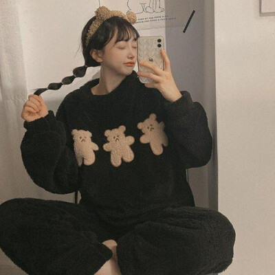 Dámske pyžamové súpravy, elegantné, pevné, jednoradové, Ulzzang, pohodlné domáce oblečenie, dámske, hrubé, teplé, mäkké, flanelové, jednoduché, voľnočasové, s výstrihom do V