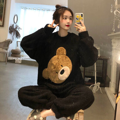 Dámske pyžamové súpravy, elegantné, pevné, jednoradové, Ulzzang, pohodlné domáce oblečenie, dámske, hrubé, teplé, mäkké, flanelové, jednoduché, voľnočasové, s výstrihom do V