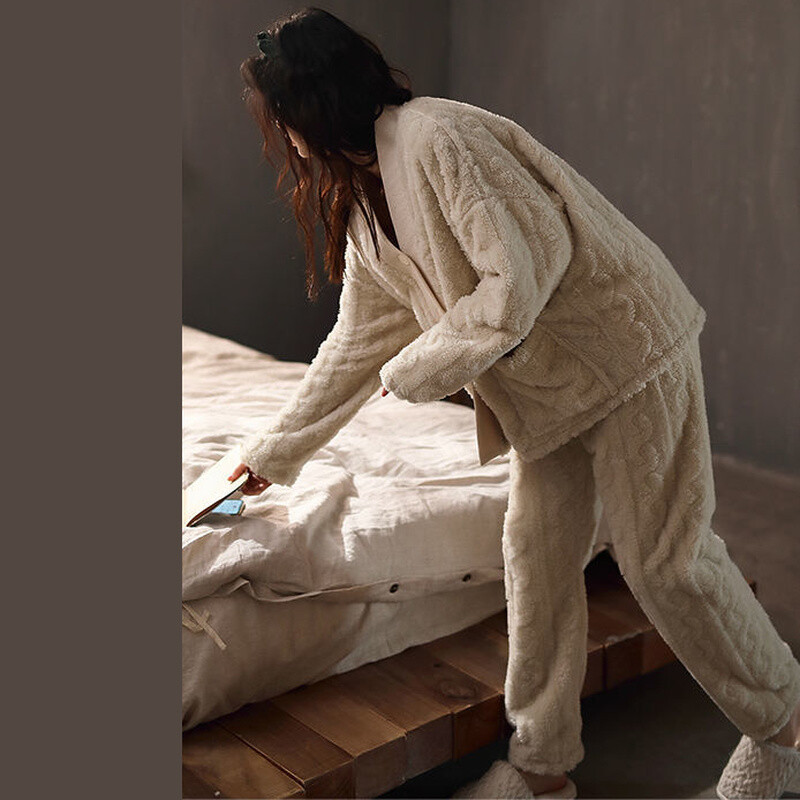 Dámske pyžamové súpravy, elegantné, pevné, jednoradové, Ulzzang, pohodlné domáce oblečenie, dámske, hrubé, teplé, mäkké, flanelové, jednoduché, voľnočasové, s výstrihom do V