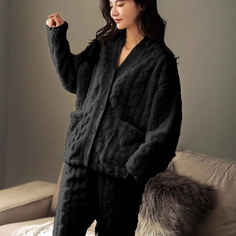 Dámske pyžamové súpravy, elegantné, pevné, jednoradové, Ulzzang, pohodlné domáce oblečenie, dámske, hrubé, teplé, mäkké, flanelové, jednoduché, voľnočasové, s výstrihom do V