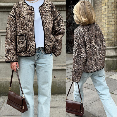 Vintage leopard patchwork ženska jakna s O-izrezom i dugim rukavima, široki kardigan Y2k kaput Jesen 2024. Lady High Street Outwears