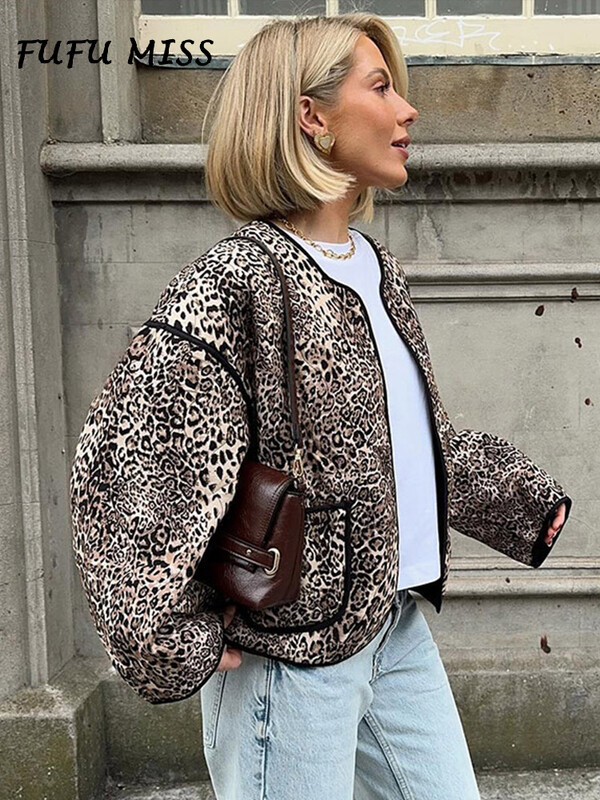 Vintage leopard patchwork ženska jakna s O-izrezom i dugim rukavima, široki kardigan Y2k kaput Jesen 2024. Lady High Street Outwears
