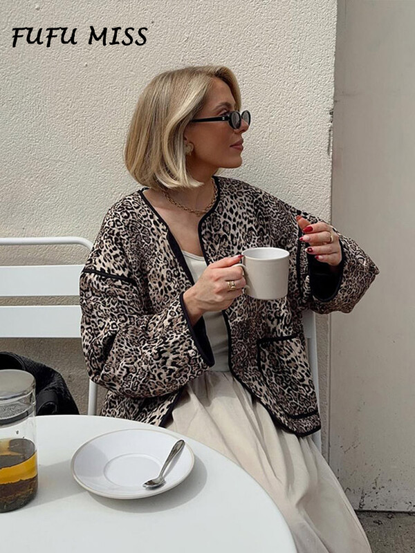 Vintage leopard patchwork ženska jakna s O-izrezom i dugim rukavima, široki kardigan Y2k kaput Jesen 2024. Lady High Street Outwears