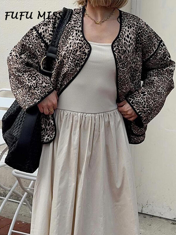 Vintage leopard patchwork ženska jakna s O-izrezom i dugim rukavima, široki kardigan Y2k kaput Jesen 2024. Lady High Street Outwears