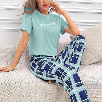 Σετ γυναικείες πιτζάμες Casual ρούχα για το σπίτι Μαλακά άνετα T-shirt με λαιμόκοψη & καρό παντελόνι Πυζά Piece Loungewear Πυτζάμα Femme