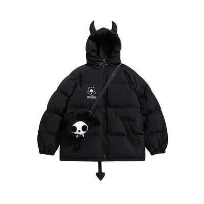 Moteriška juoda gotika stora parkas striukė Hip Hop Devil Horns Wing pora su gobtuvu paminkštinta striuke Streetwear Emo paltai žieminiai drabužiai