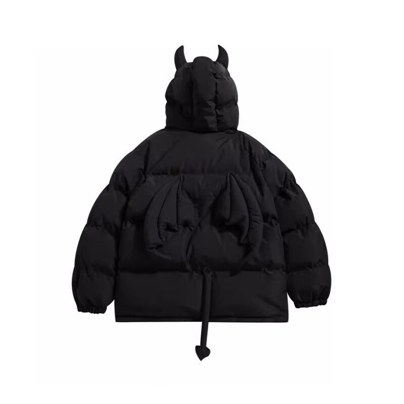 Moteriška juoda gotika stora parkas striukė Hip Hop Devil Horns Wing pora su gobtuvu paminkštinta striuke Streetwear Emo paltai žieminiai drabužiai
