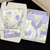 Édes lila tulipánmintás pizsama nőknek őszi tél női új hosszú ujjú hosszú nadrág otthoni viselet hajtóka hálóruha