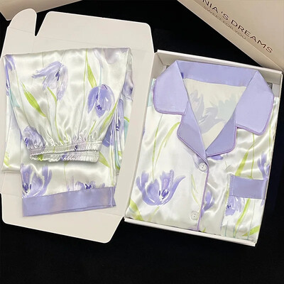 Édes lila tulipánmintás pizsama nőknek őszi tél női új hosszú ujjú hosszú nadrág otthoni viselet hajtóka hálóruha