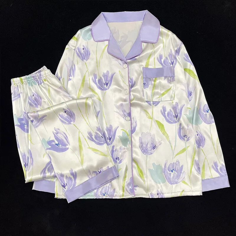 Édes lila tulipánmintás pizsama nőknek őszi tél női új hosszú ujjú hosszú nadrág otthoni viselet hajtóka hálóruha