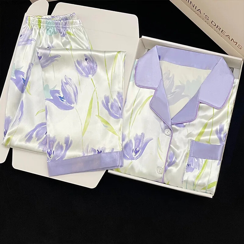 Édes lila tulipánmintás pizsama nőknek őszi tél női új hosszú ujjú hosszú nadrág otthoni viselet hajtóka hálóruha