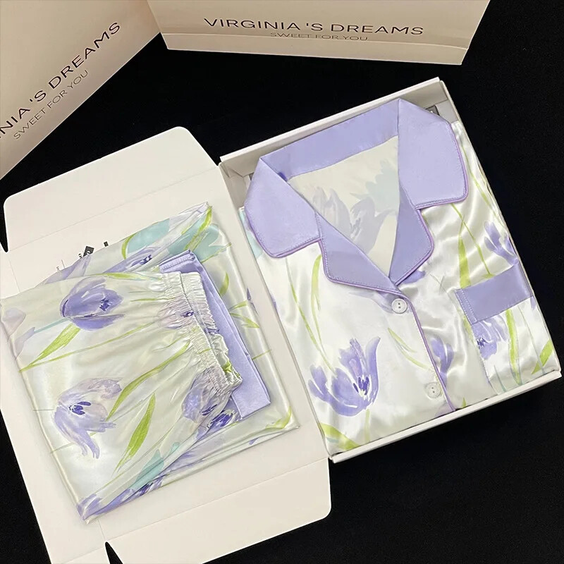 Édes lila tulipánmintás pizsama nőknek őszi tél női új hosszú ujjú hosszú nadrág otthoni viselet hajtóka hálóruha