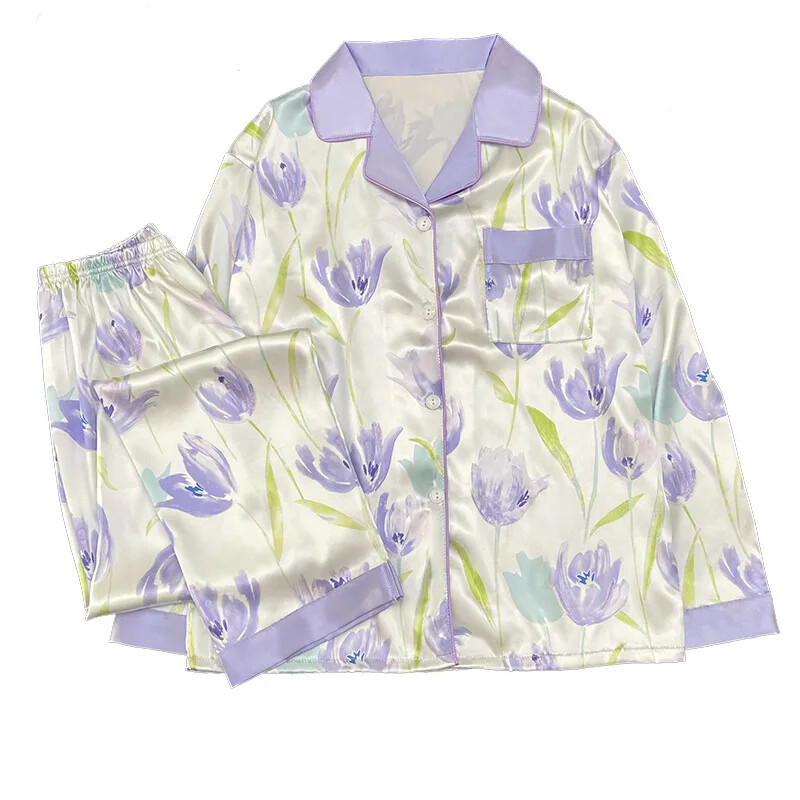 Édes lila tulipánmintás pizsama nőknek őszi tél női új hosszú ujjú hosszú nadrág otthoni viselet hajtóka hálóruha