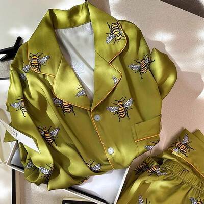 Γυναικεία Σετ Πυτζάμες Άνοιξη Φθινόπωρο 2 τεμαχίων Bee Print Πυτζάμα με ψεύτικο μεταξωτό σατέν Πυτζάμα Μακρυμάνικο πιτζάμα Mujer Pjs Homewear