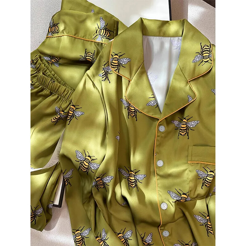 Γυναικεία Σετ Πυτζάμες Άνοιξη Φθινόπωρο 2 τεμαχίων Bee Print Πυτζάμα με ψεύτικο μεταξωτό σατέν Πυτζάμα Μακρυμάνικο πιτζάμα Mujer Pjs Homewear