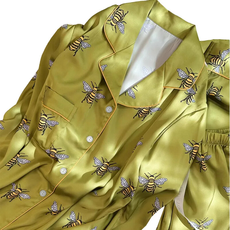Γυναικεία Σετ Πυτζάμες Άνοιξη Φθινόπωρο 2 τεμαχίων Bee Print Πυτζάμα με ψεύτικο μεταξωτό σατέν Πυτζάμα Μακρυμάνικο πιτζάμα Mujer Pjs Homewear