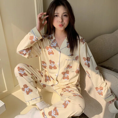 2024a tavaszi őszi csúcsminőségű pamut hosszú ujjú hálóruha nőknek, vékony anyagból, aranyos rajzfilm dizájn otthoni ruha