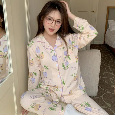 2024a tavaszi őszi csúcsminőségű pamut hosszú ujjú hálóruha nőknek, vékony anyagból, aranyos rajzfilm dizájn otthoni ruha