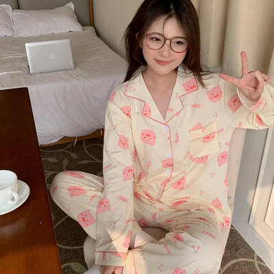 2024a tavaszi őszi csúcsminőségű pamut hosszú ujjú hálóruha nőknek, vékony anyagból, aranyos rajzfilm dizájn otthoni ruha