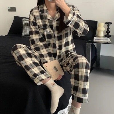 Set de pijamale în carouri în stil japonez pentru femei, haine ocazionale pentru bărbați, cardigan cu mânecă lungă, pantaloni, stil prietenos leneș