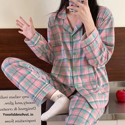 Set de pijamale în carouri în stil japonez pentru femei, haine ocazionale pentru bărbați, cardigan cu mânecă lungă, pantaloni, stil prietenos leneș