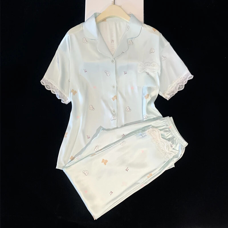 Korėjietiškas animacinis filmas Little Bear Sweet Moteriškas 2 vnt pižamos Kawaii mielas paprastas Y2k nėriniuotas miegui, 2024 m. naujas rudens trumpų rankovių ir kelnių rinkinys