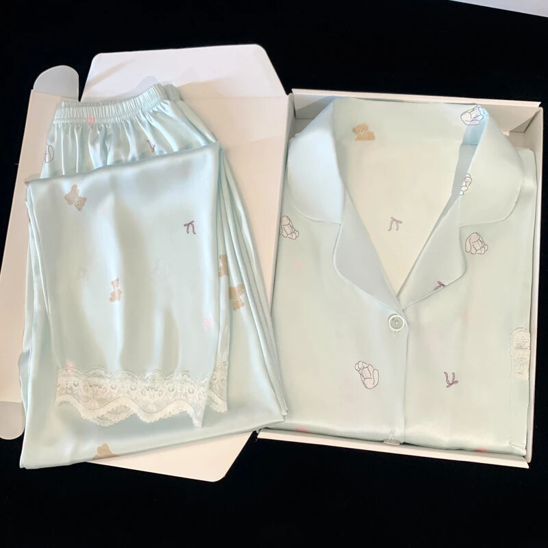 Korėjietiškas animacinis filmas Little Bear Sweet Moteriškas 2 vnt pižamos Kawaii mielas paprastas Y2k nėriniuotas miegui, 2024 m. naujas rudens trumpų rankovių ir kelnių rinkinys