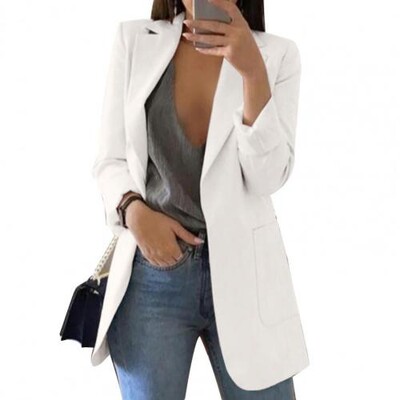 Blazer pentru femei de vară Jachetă cu rever cu totul asortat în față deschisă, elegant, pentru birou, pentru damă, costum subțire, pardesiu, culoare uni, sacou lung