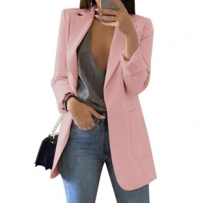 Blazer pentru femei de vară Jachetă cu rever cu totul asortat în față deschisă, elegant, pentru birou, pentru damă, costum subțire, pardesiu, culoare uni, sacou lung