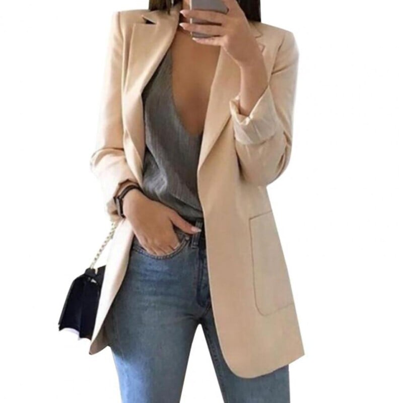 Blazer pentru femei de vară Jachetă cu rever cu totul asortat în față deschisă, elegant, pentru birou, pentru damă, costum subțire, pardesiu, culoare uni, sacou lung