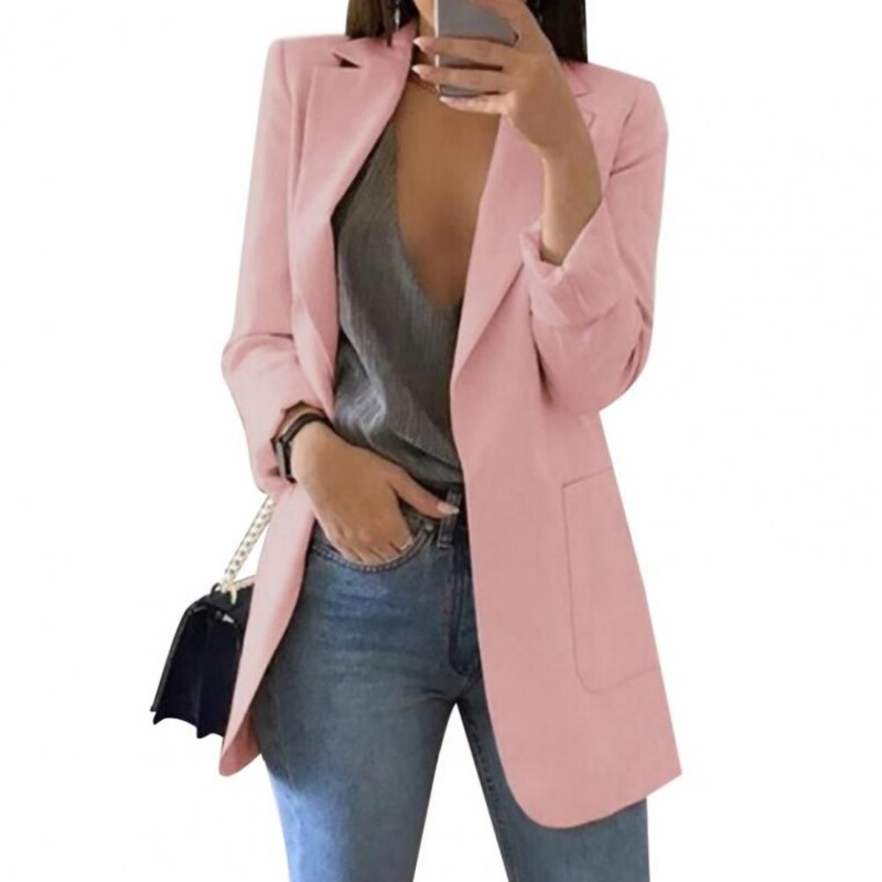 Blazer pentru femei de vară Jachetă cu rever cu totul asortat în față deschisă, elegant, pentru birou, pentru damă, costum subțire, pardesiu, culoare uni, sacou lung