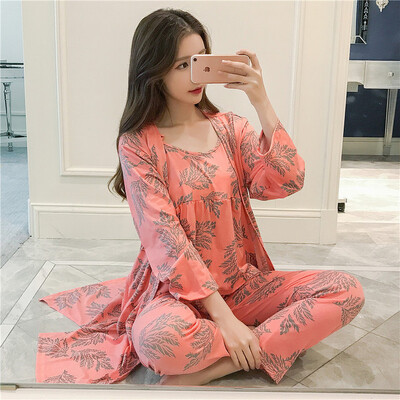 3 részes női japán kimonó pizsama pamut hálóruha Pijama puha otthoni ruházat virágmintás Sleep Lounge pizsama pizsama szett