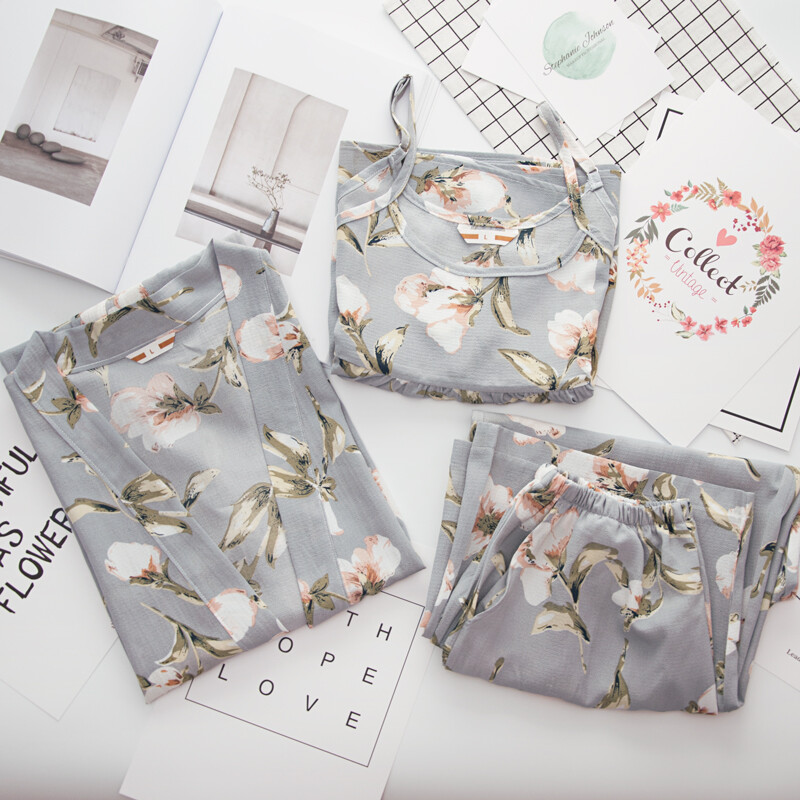 3 részes női japán kimonó pizsama pamut hálóruha Pijama puha otthoni ruházat virágmintás Sleep Lounge pizsama pizsama szett