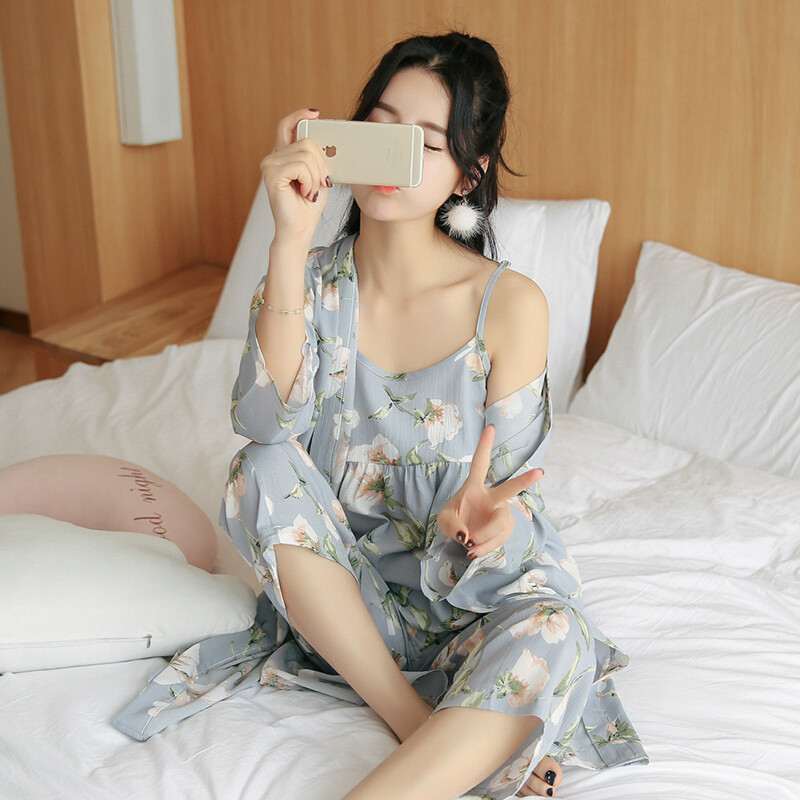 3 részes női japán kimonó pizsama pamut hálóruha Pijama puha otthoni ruházat virágmintás Sleep Lounge pizsama pizsama szett