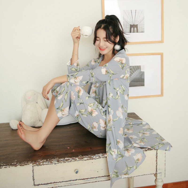 3 részes női japán kimonó pizsama pamut hálóruha Pijama puha otthoni ruházat virágmintás Sleep Lounge pizsama pizsama szett