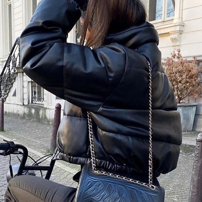 Jocoo Jolee téli vastag, meleg, vágott pufferkabát női fekete PU bőr parkák elegáns cipzáras kabát pamut párnázott punk felsőruházat
