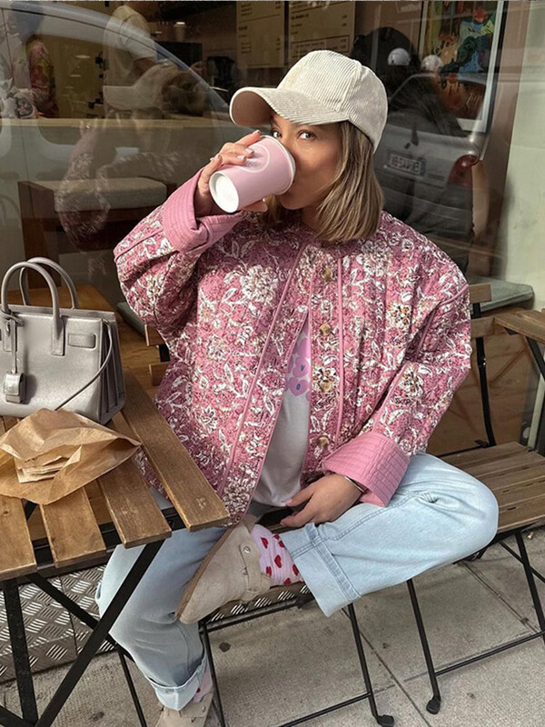 Rudens žiemos prašmatnios gėlėmis margintos moteriškos medvilninės striukės Elegantiškos vienabriaunės apykaklė Laisvalaikio paltai Moteriški skiautiniai viršutiniai drabužiai