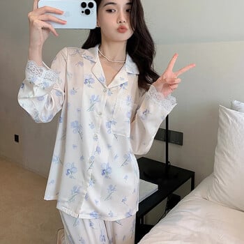 Blue Small Orchid Noble Sweet Дамски дантелени пижами French Lazy Elegant Aesthetics Sleepwear 2024 New Y2k Есен Ежедневна нощница