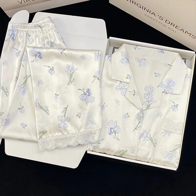 Blue Small Orchid Noble Sweet Γυναικείες πιτζάμες με δαντέλα Γαλλικά Lazy Elegant Aesthetics Sleepwear 2024 Νέο φθινοπωρινό casual νυχτικό Y2k