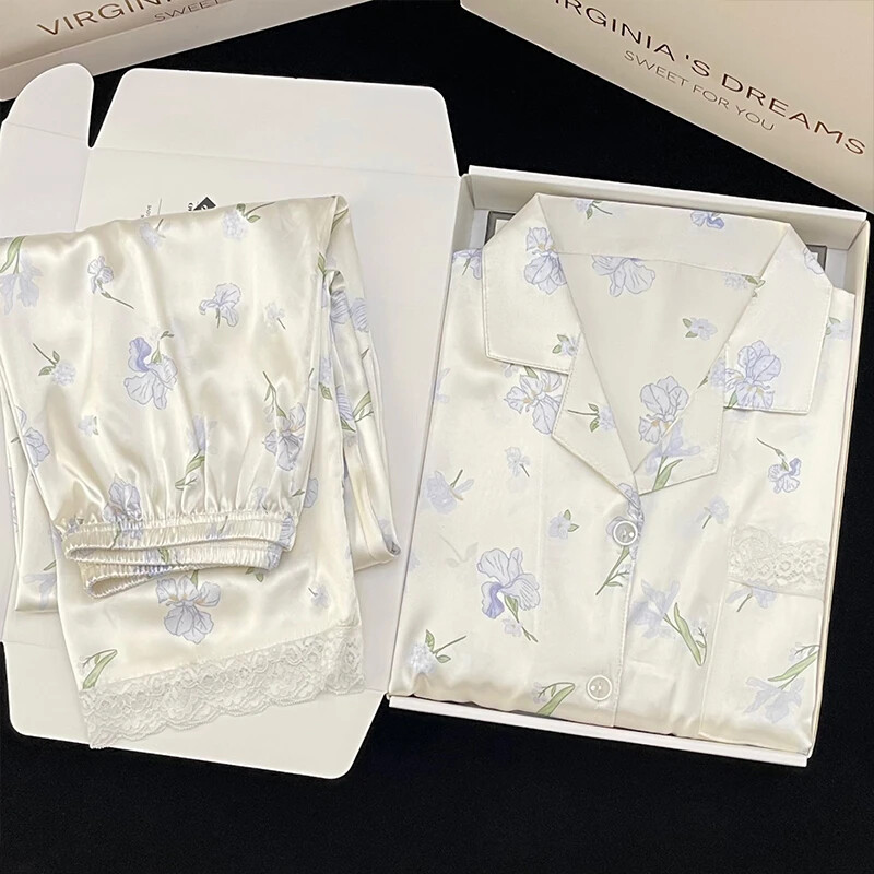 Blue Small Orchid Noble Sweet Γυναικείες πιτζάμες με δαντέλα Γαλλικά Lazy Elegant Aesthetics Sleepwear 2024 Νέο φθινοπωρινό casual νυχτικό Y2k
