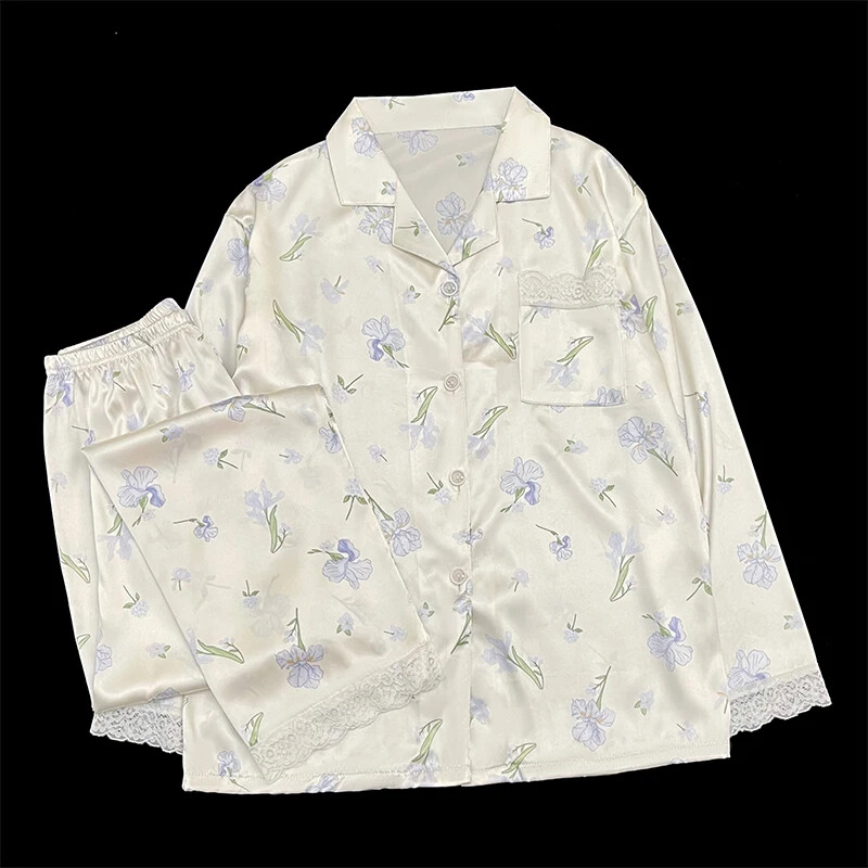 Blue Small Orchid Noble Sweet Γυναικείες πιτζάμες με δαντέλα Γαλλικά Lazy Elegant Aesthetics Sleepwear 2024 Νέο φθινοπωρινό casual νυχτικό Y2k