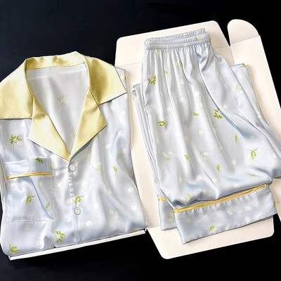 Bluebell Flower Print Fresh Skyblue sieviešu pidžamas Romantiski estētiski eleganti mājas apģērbi 2024. gada jauni vasaras vienkārši punkti atpūtas telpas Y2k