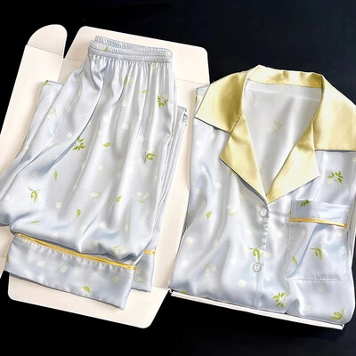 Bluebell Flower Print Fresh Skyblue sieviešu pidžamas Romantiski estētiski eleganti mājas apģērbi 2024. gada jauni vasaras vienkārši punkti atpūtas telpas Y2k