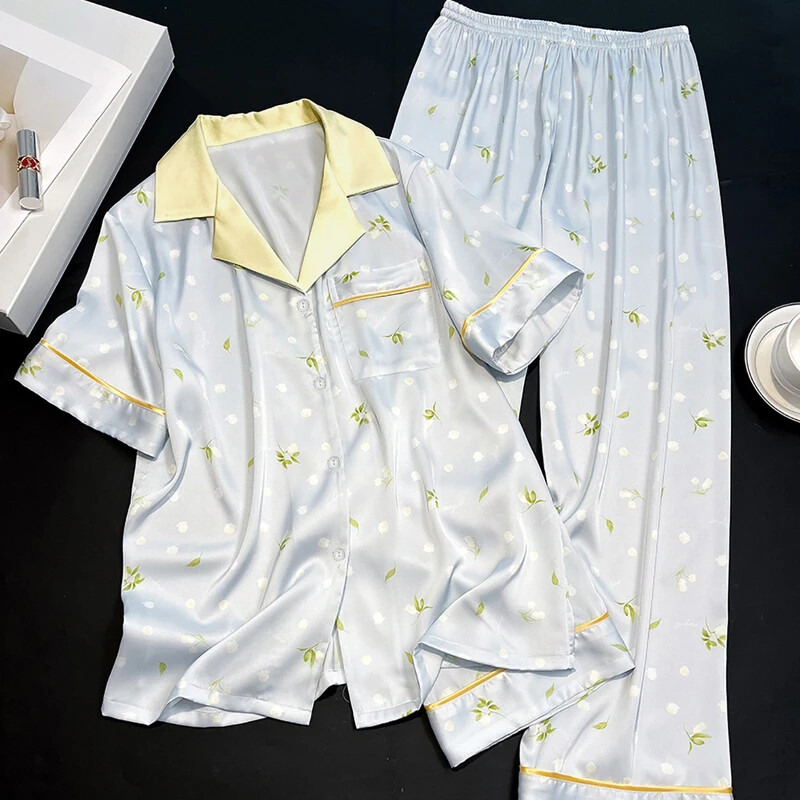 Bluebell Flower Print Friss égszínkék női pizsama Romantikus Esztétikus Elegáns Háziruházat 2024 Új nyári Simple Dots Lounges Y2k