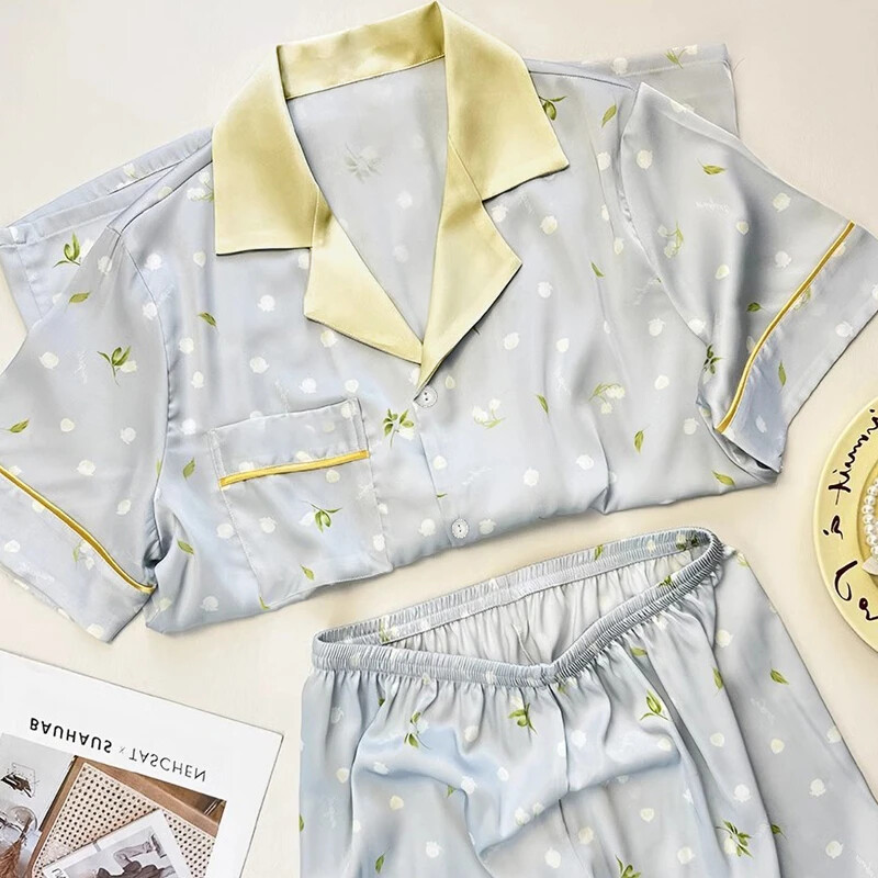 Bluebell Flower Print Friss égszínkék női pizsama Romantikus Esztétikus Elegáns Háziruházat 2024 Új nyári Simple Dots Lounges Y2k