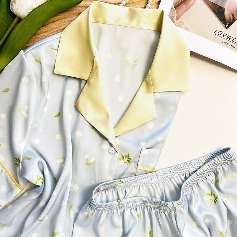Bluebell Flower Print Friss égszínkék női pizsama Romantikus Esztétikus Elegáns Háziruházat 2024 Új nyári Simple Dots Lounges Y2k