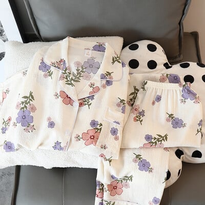 Noua pijama cu imprimeu cu flori drăguț Kawaii Îmbrăcăminte de acasă pentru femei Pijamale Lenjerie de noapte de toamnă Îmbrăcăminte de lounge Top cu mâneci lungi Pantaloni 2PC Set de pijamale