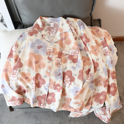 Naujas gėlių raštas mielas Kawaii pižamos namų apranga moterims pižamos rudens miegui poilsio drabužiai ilgomis rankovėmis kelnių 2 vnt pižamų rinkinys