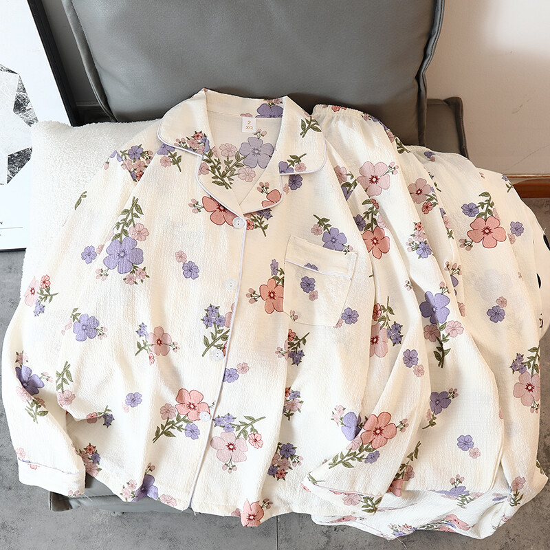 Naujas gėlių raštas mielas Kawaii pižamos namų apranga moterims pižamos rudens miegui poilsio drabužiai ilgomis rankovėmis kelnių 2 vnt pižamų rinkinys